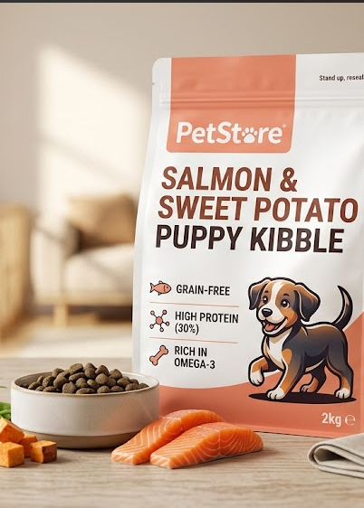 A bag of PetStore Salmon & Sweet Potato Puppy Kibble dog food stands on a wooden table in a softly blurred living room setting, with kibble in a bowl, peas, carrots, and salmon pieces placed in front.