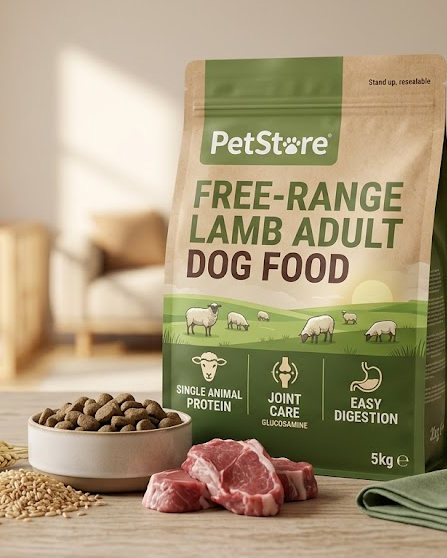 A 5kg bag of PetStore Free-Range Lamb Adult Dog Food stands on a wooden surface in a softly blurred home interior. A bowl of dog kibble, raw lamb meat pieces, grains, and a folded green cloth are placed in front of the bag as styling props.