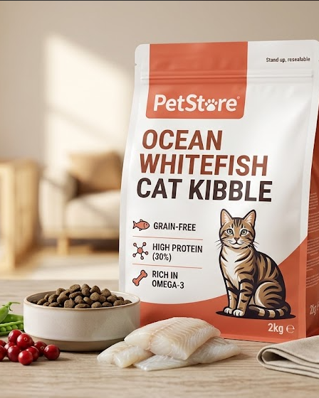 A 2kg bag of PetStore Ocean Whitefish Cat Kibble cat food stands on a wooden table in a softly blurred living room setting. The packaging is white and orange with a picture of a tabby cat.