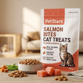 A stand-up pouch of PetStore Salmon Bites Cat Treats stands on a wooden surface in a softly lit indoor setting. The package is white and orange with a cat illustration and text indicating real salmon flavor, crunchy texture, and healthy skin and coat.