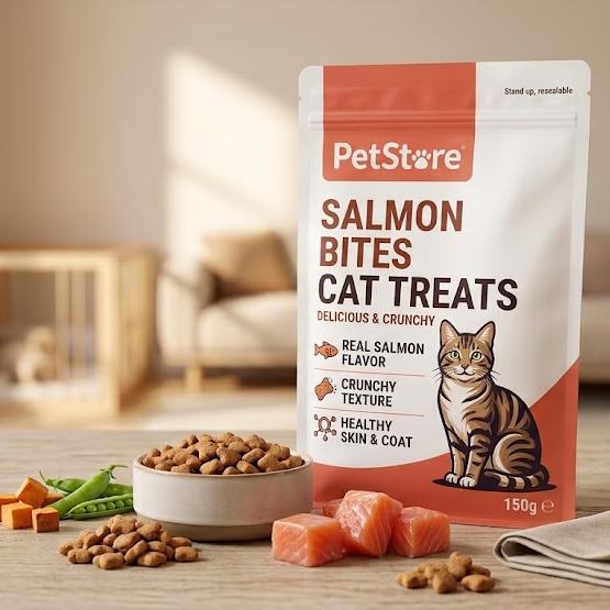 A stand-up pouch of PetStore Salmon Bites Cat Treats stands on a wooden surface in a softly lit indoor setting. The package is white and orange with a cat illustration and text indicating real salmon flavor, crunchy texture, and healthy skin and coat.