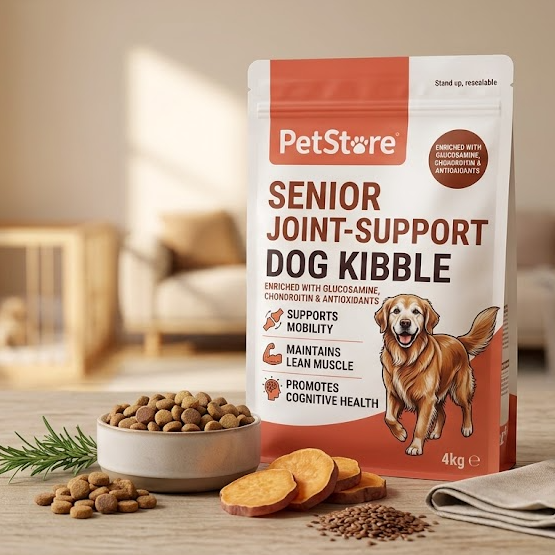 A bag of PetStore Senior Joint Support Dog Kibble stands on a wooden surface in a softly blurred home interior. The package is white and orange with brown text and a golden retriever illustration.