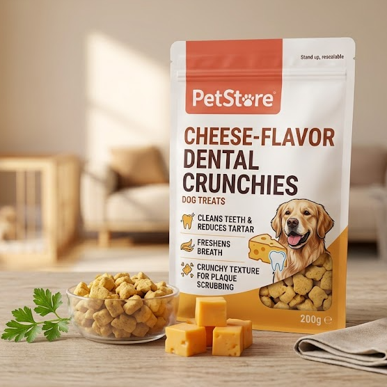 A stand-up pouch of PetStore Cheese-Flavor Dental Crunchies dog treats is displayed on a wooden table in a softly blurred living room setting, with a small bowl of the treats, cheese cubes, and parsley in front.