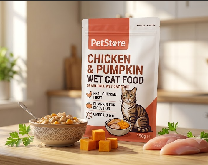 A stand-up pouch of PetStore Chicken & Pumpkin Wet Cat Food stands on a wooden table in a softly lit kitchen setting, with a bowl of wet cat food, cubed pumpkin, and raw chicken pieces arranged around it.