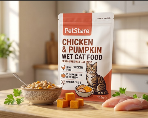 A stand-up pouch of PetStore Chicken & Pumpkin Wet Cat Food stands on a wooden table in a softly lit kitchen setting, with a bowl of wet cat food, cubed pumpkin, and raw chicken pieces arranged around it.